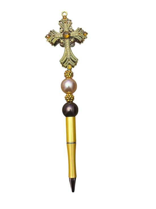 Handmade Other - Gold Cross Beaded Pen Handmade By AB INKS HANDMADE EXPRESSIONS